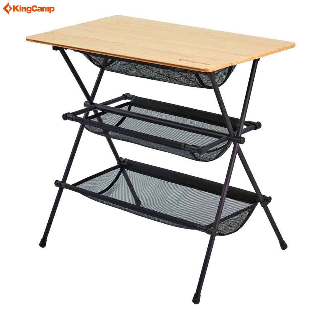 KingCamp 3 Mesh Storage Bamboo Lightweight Portable Kitchen Picnic BBQ Party Folding Camping Table with Layer